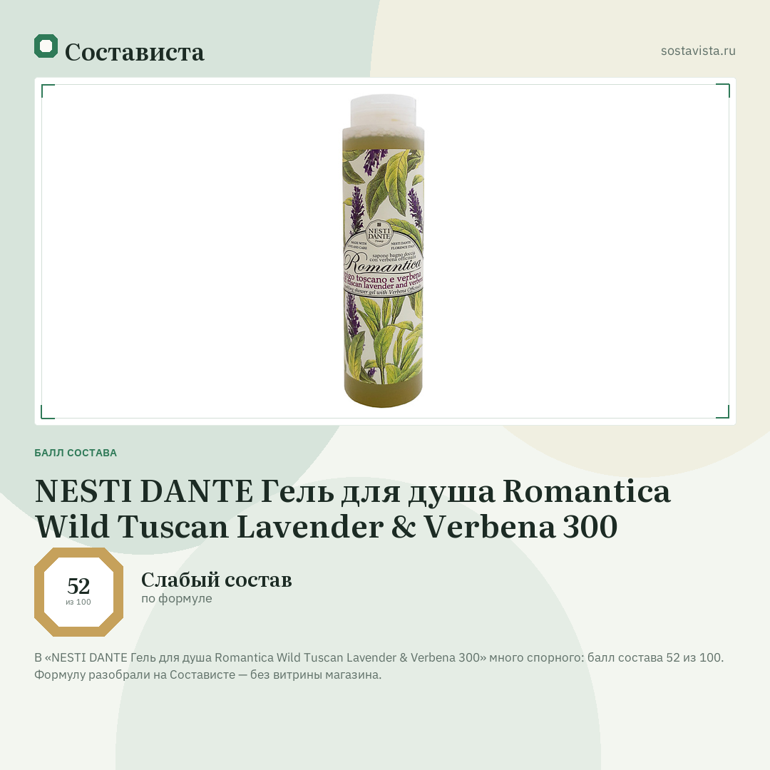 NESTI DANTE Гель для душа Romantica Wild Tuscan Lavender & Verbena 300: балл состава 52 из 100 — Состависта