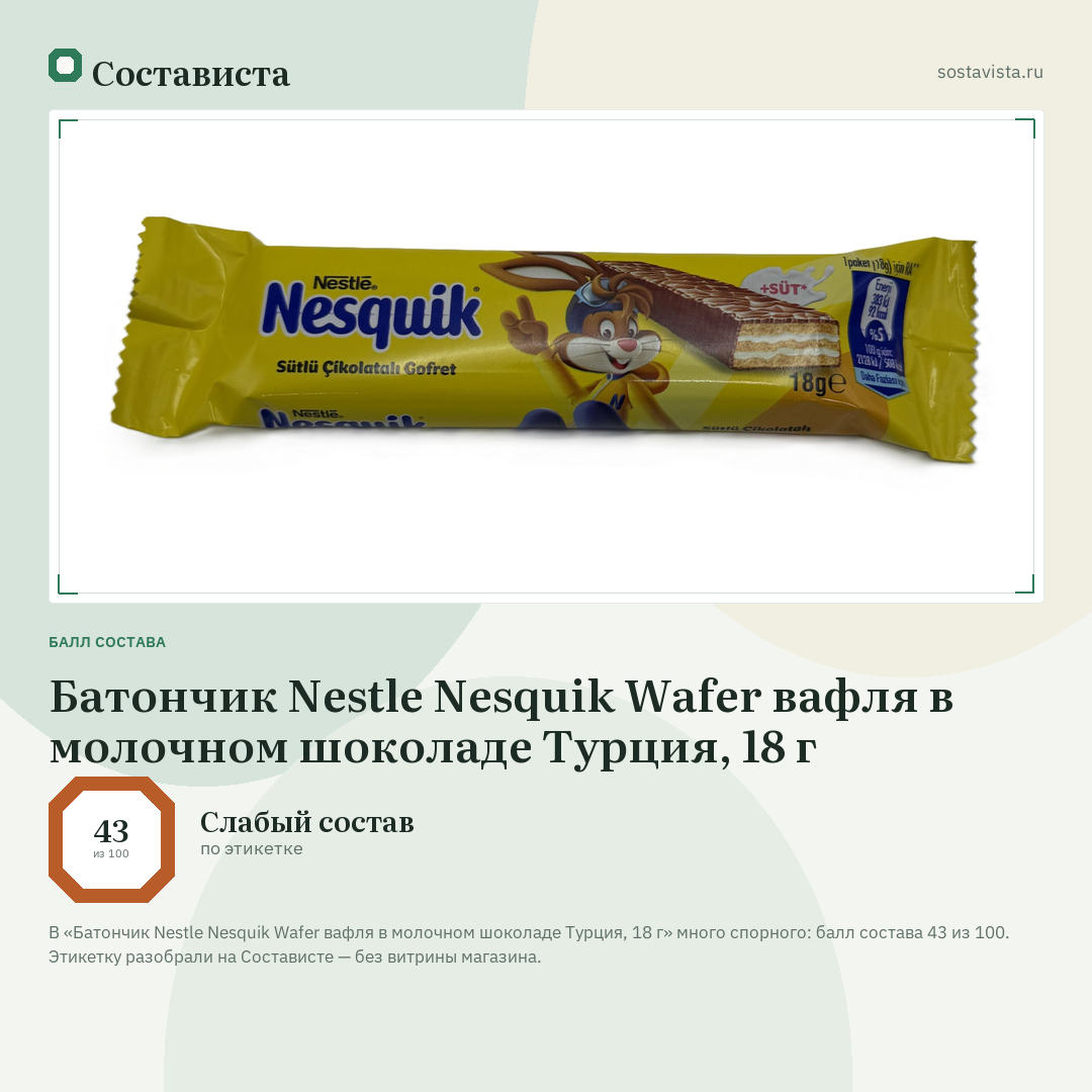 Батончик Nestle Nesquik Wafer вафля в молочном шоколаде Турция, 18 г: балл состава 43 из 100 — Состависта