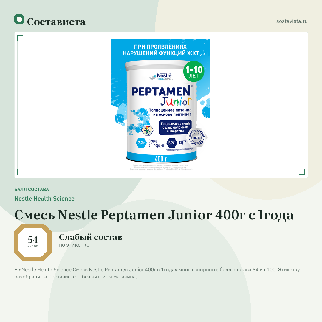 Nestle Health Science Смесь Nestle Peptamen Junior 400г с 1года: балл состава 54 из 100 — Состависта