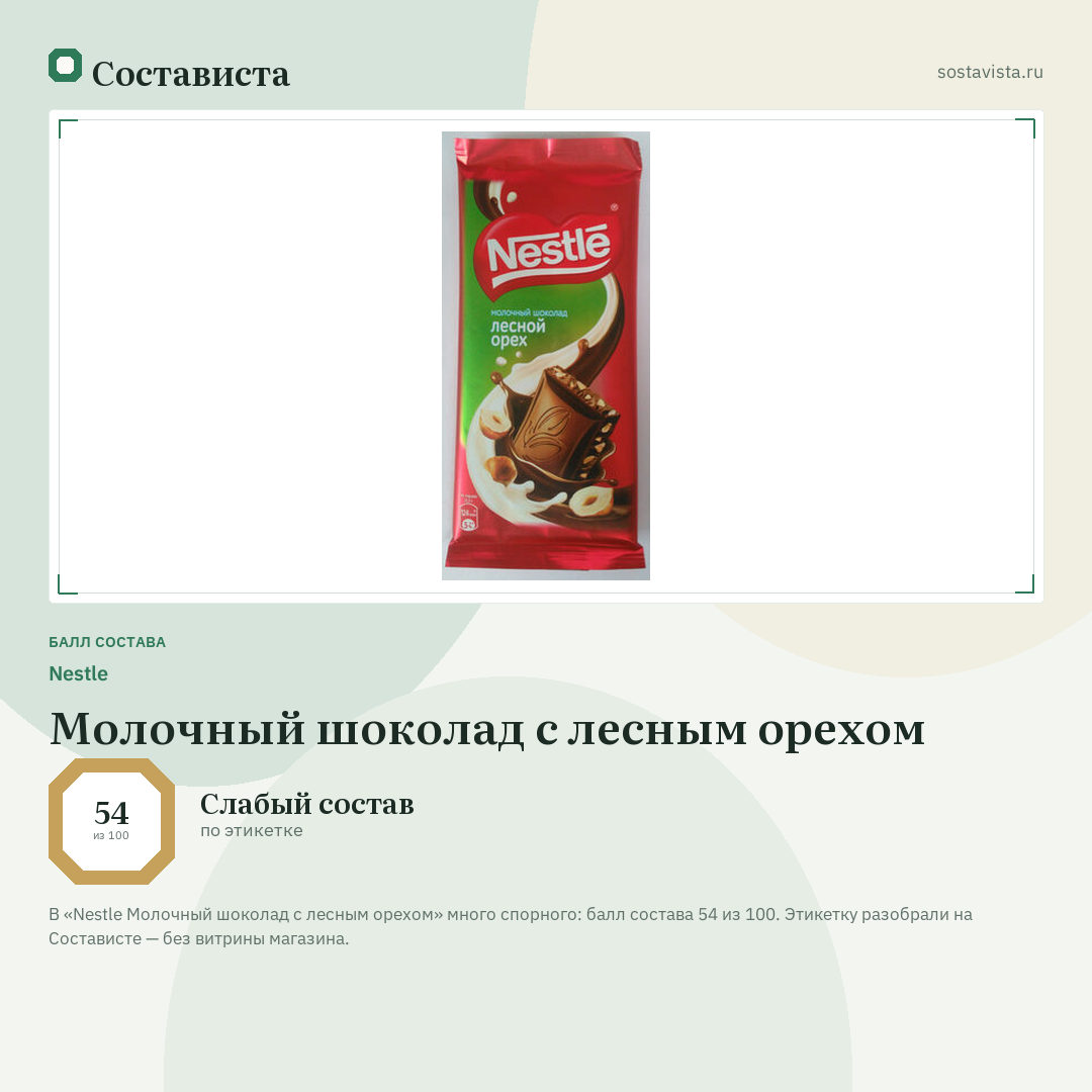Nestle Молочный шоколад с лесным орехом: балл состава 54 из 100 — Состависта