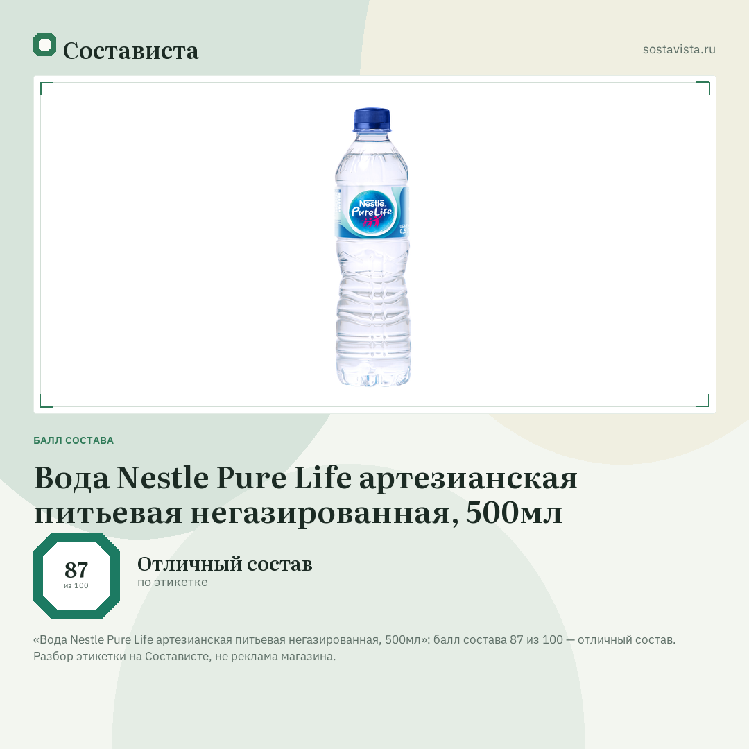 Вода Nestle Pure Life артезианская питьевая негазированная, 500мл: балл состава 87 из 100 — Состависта