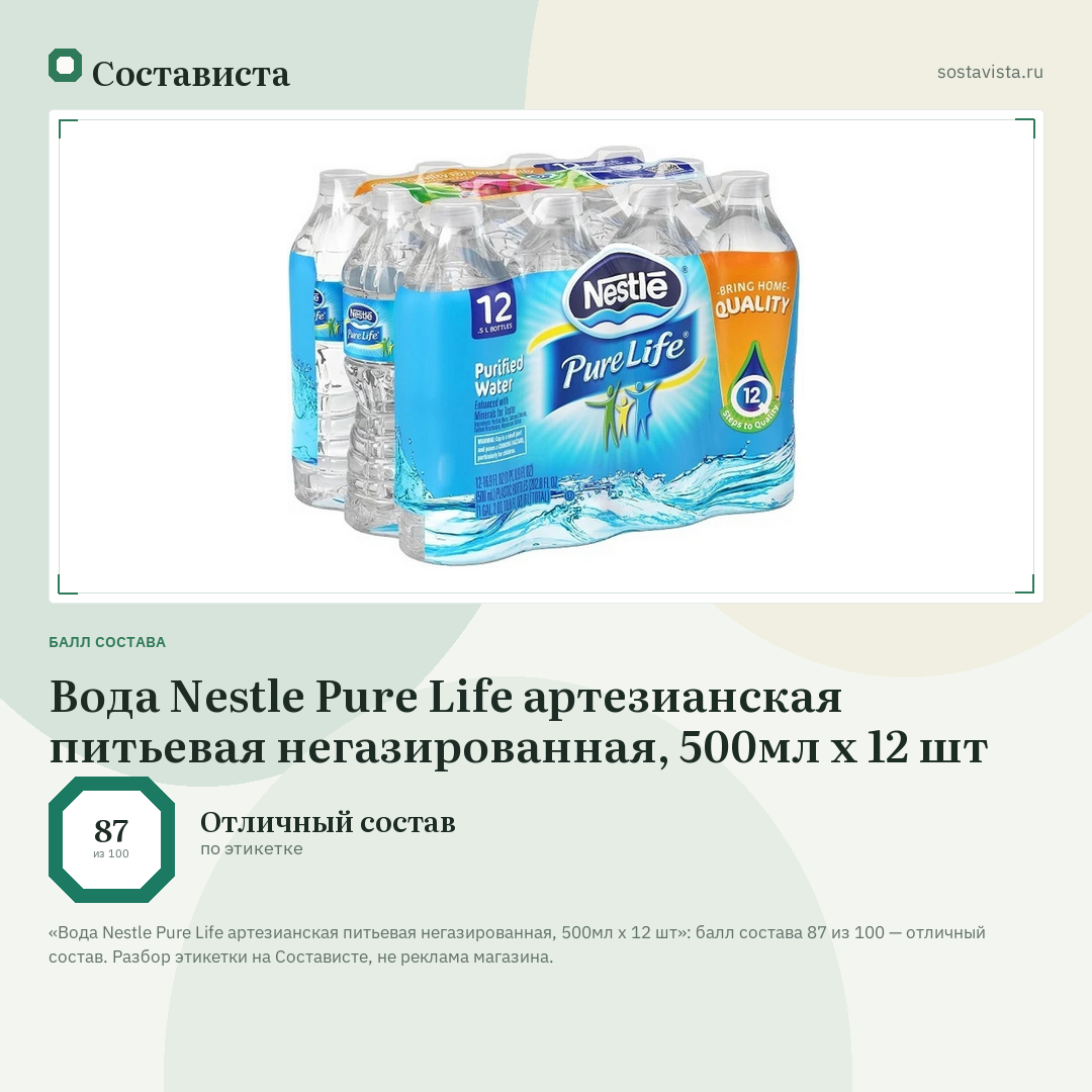 Вода Nestle Pure Life артезианская питьевая негазированная, 500мл x 12 шт: балл состава 87 из 100 — Состависта
