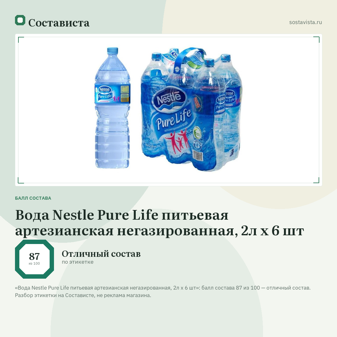 Вода Nestle Pure Life питьевая артезианская негазированная, 2л x 6 шт: балл состава 87 из 100 — Состависта