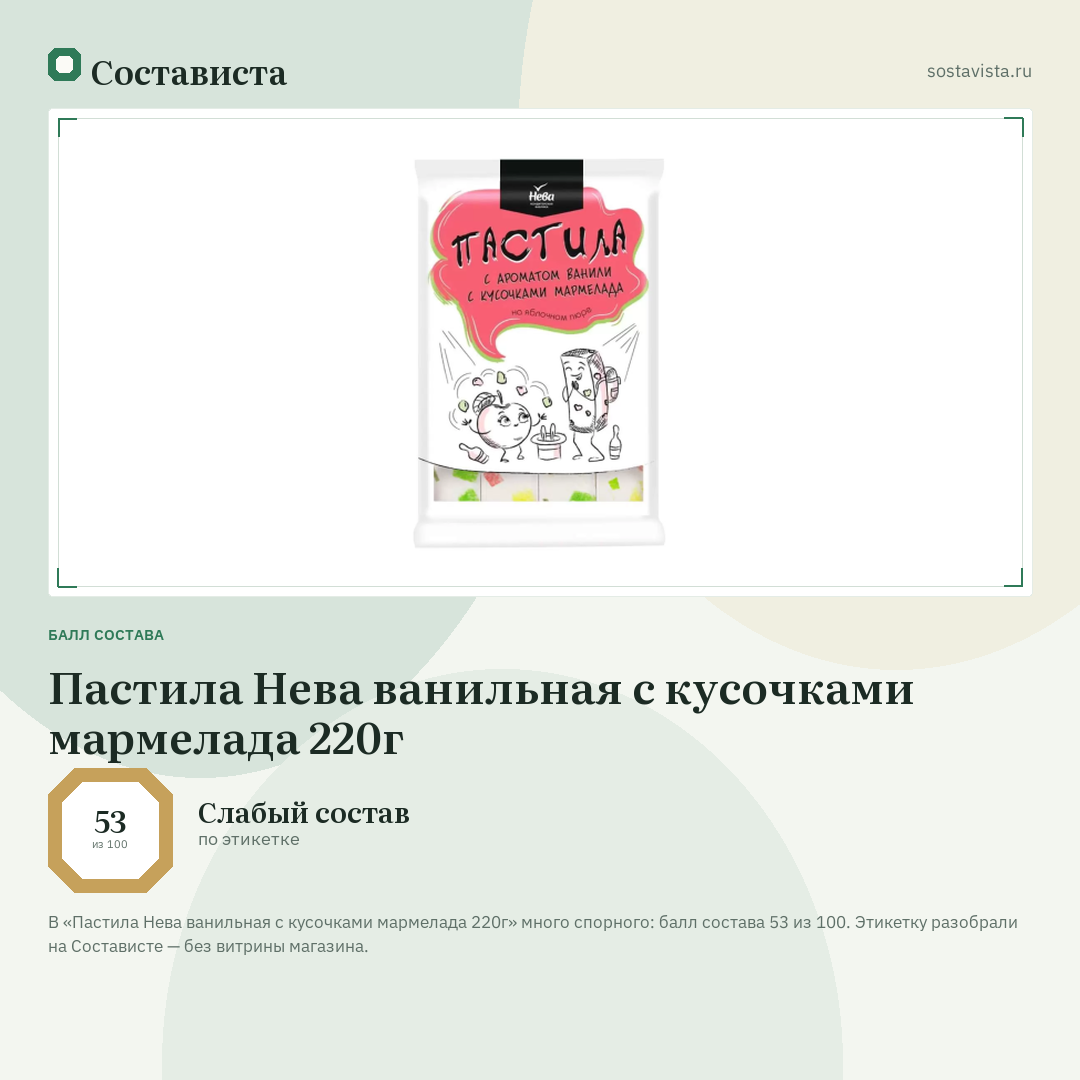 Пастила Нева ванильная с кусочками мармелада 220г: балл состава 53 из 100 — Состависта