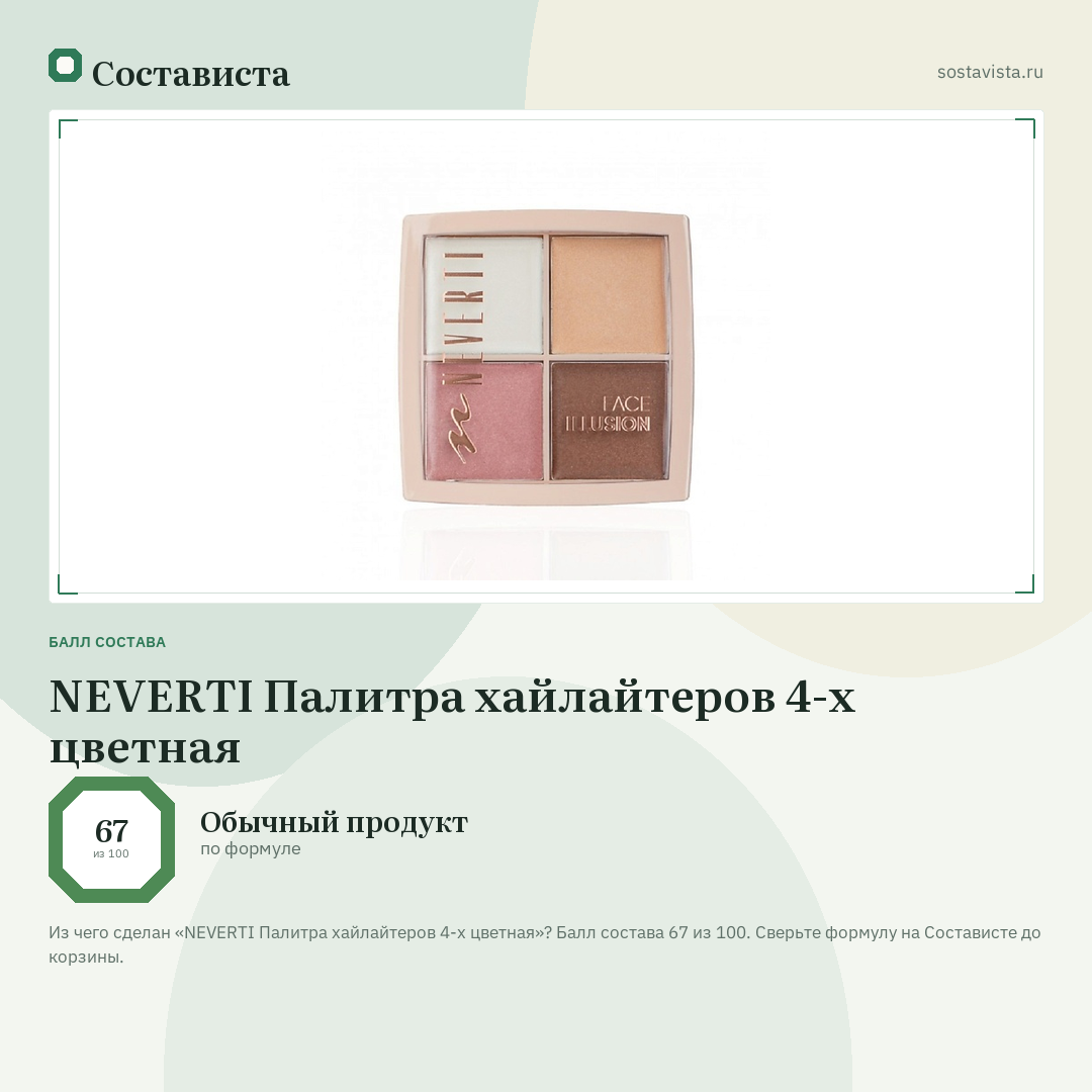 NEVERTI Палитра хайлайтеров 4-х цветная: балл состава 67 из 100 — Состависта