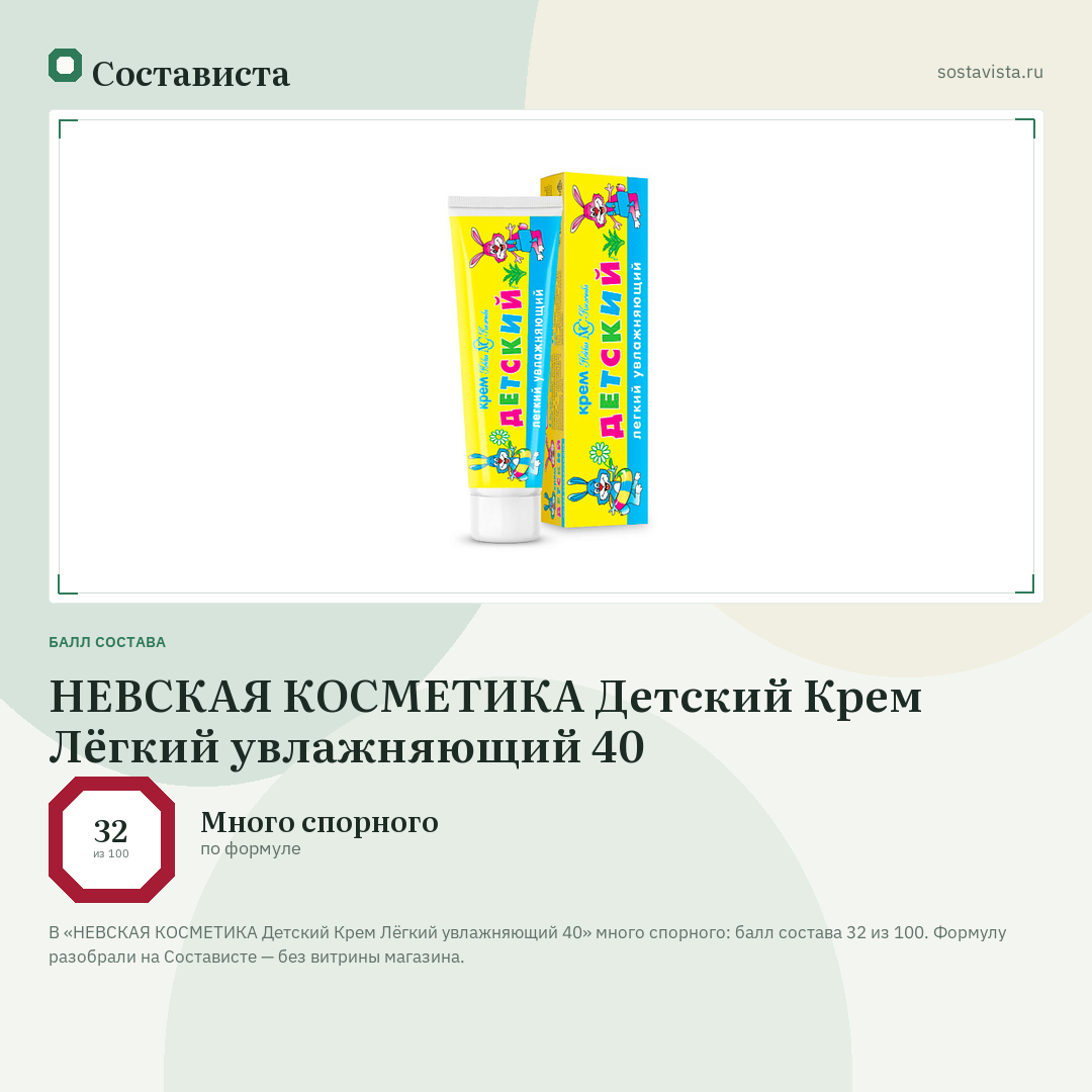 НЕВСКАЯ КОСМЕТИКА Детский Крем Лёгкий увлажняющий 40: балл состава 32 из 100 — Состависта