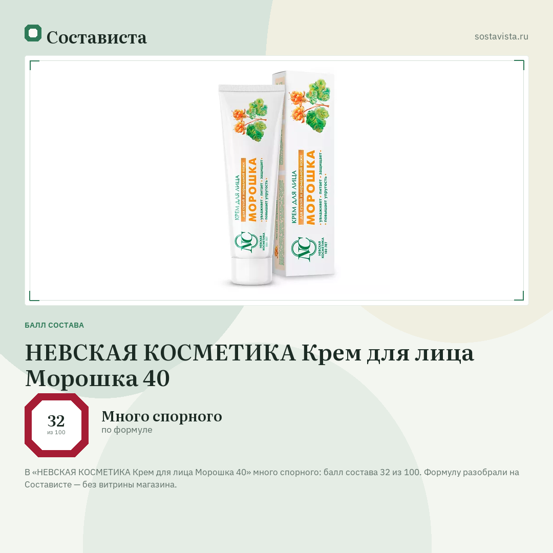 НЕВСКАЯ КОСМЕТИКА Крем для лица Морошка 40: балл состава 32 из 100 — Состависта