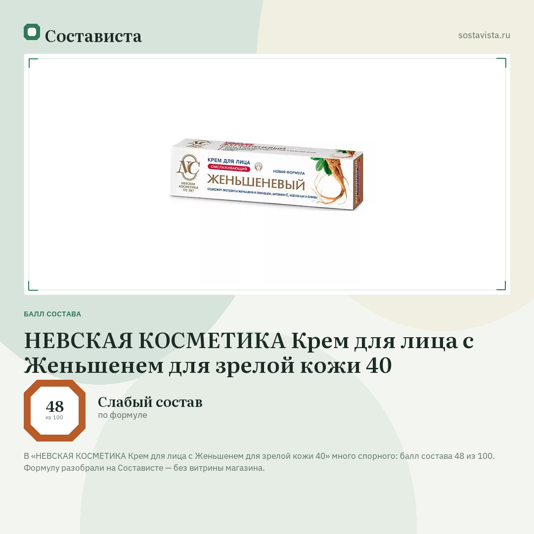 НЕВСКАЯ КОСМЕТИКА Крем для лица с Женьшенем для зрелой кожи 40: балл состава 48 из 100 — Состависта