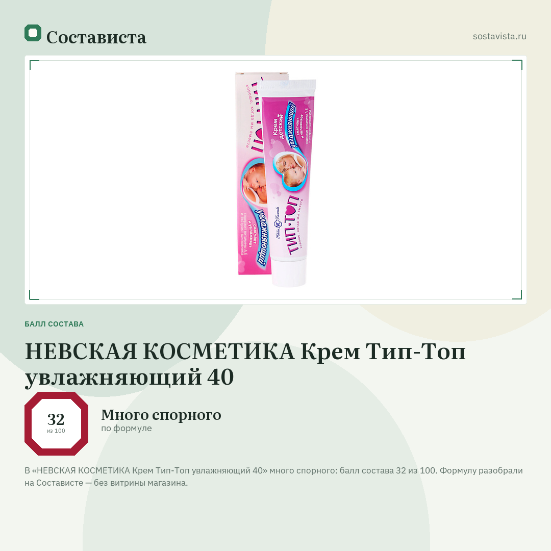 НЕВСКАЯ КОСМЕТИКА Крем Тип-Топ увлажняющий 40: балл состава 32 из 100 — Состависта