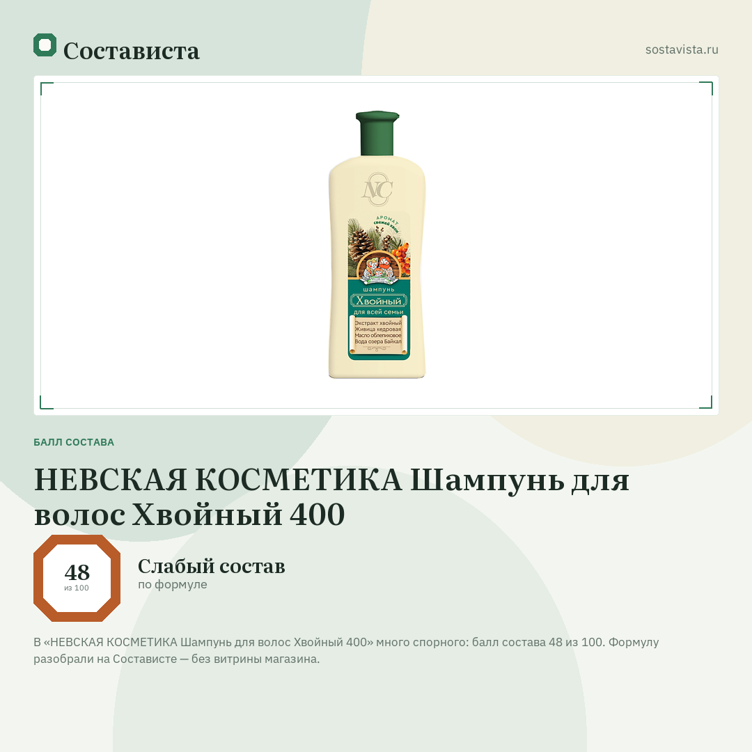 НЕВСКАЯ КОСМЕТИКА Шампунь для волос Хвойный 400: балл состава 48 из 100 — Состависта
