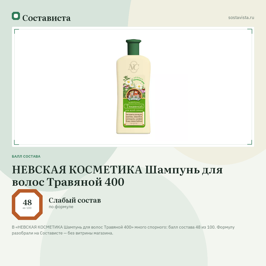 НЕВСКАЯ КОСМЕТИКА Шампунь для волос Травяной 400: балл состава 48 из 100 — Состависта