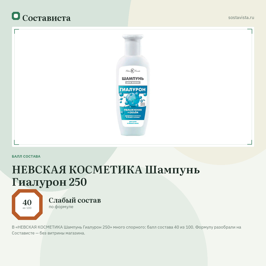 НЕВСКАЯ КОСМЕТИКА Шампунь Гиалурон 250: балл состава 40 из 100 — Состависта