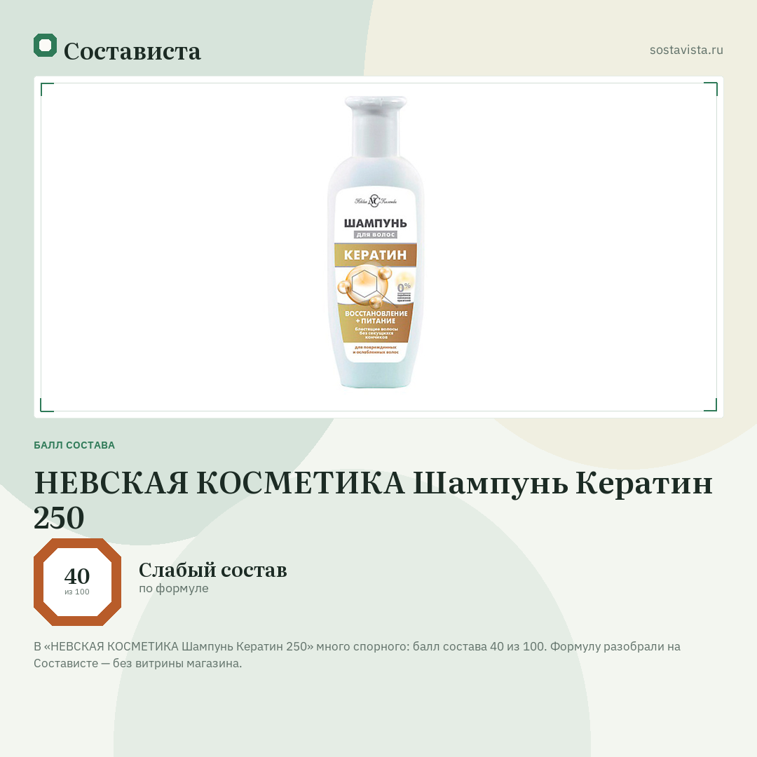 НЕВСКАЯ КОСМЕТИКА Шампунь Кератин 250: балл состава 40 из 100 — Состависта
