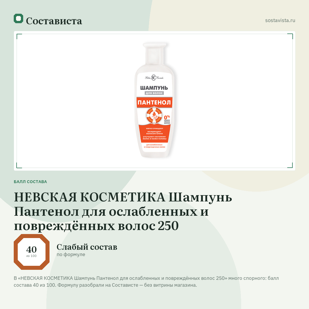 НЕВСКАЯ КОСМЕТИКА Шампунь Пантенол для ослабленных и повреждённых волос 250: балл состава 40 из 100 — Состависта