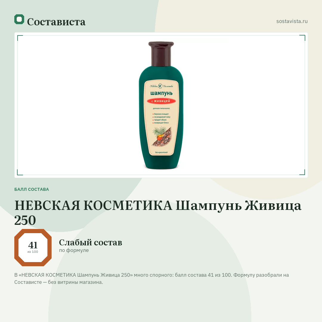 НЕВСКАЯ КОСМЕТИКА Шампунь Живица 250: балл состава 41 из 100 — Состависта