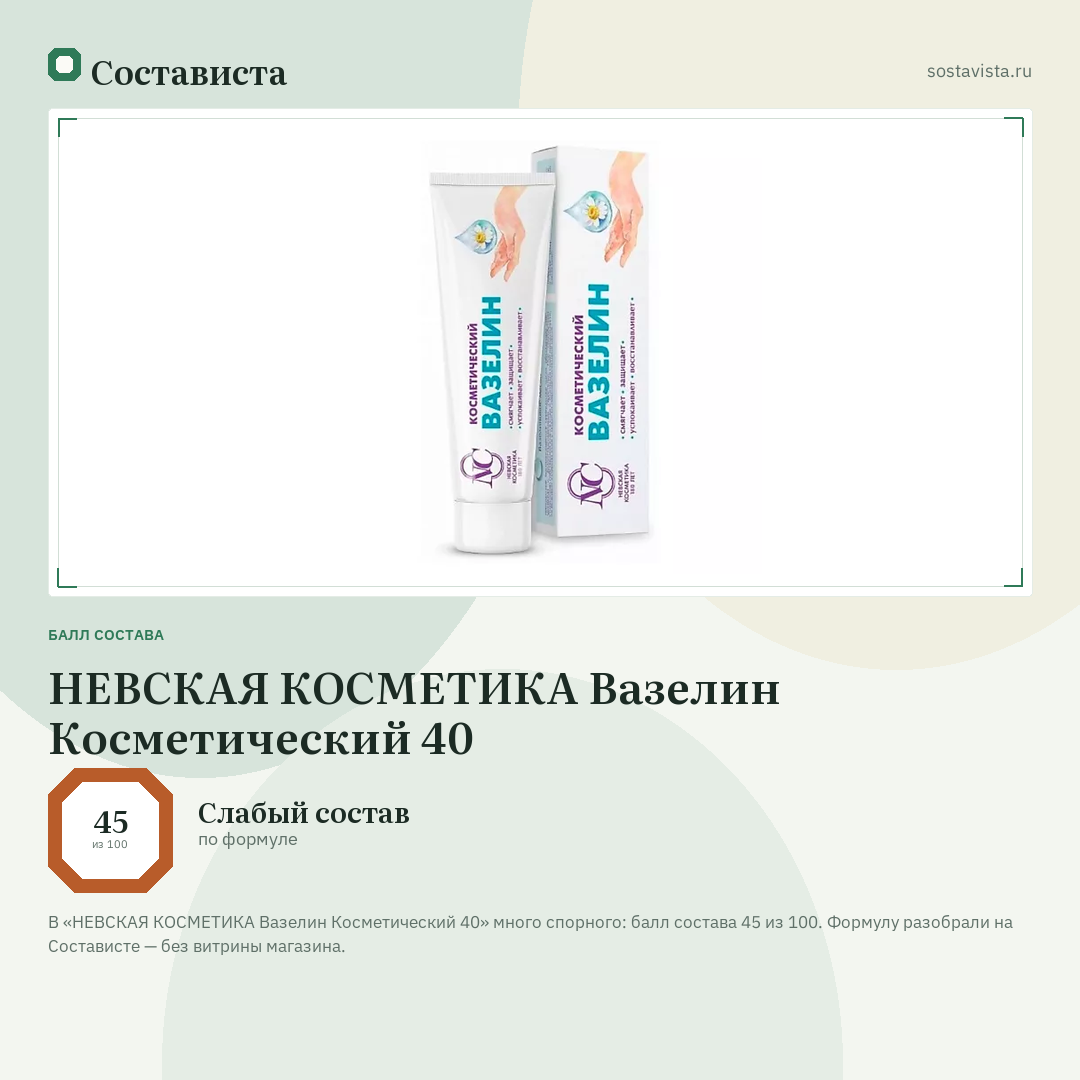 НЕВСКАЯ КОСМЕТИКА Вазелин Косметический 40: балл состава 45 из 100 — Состависта