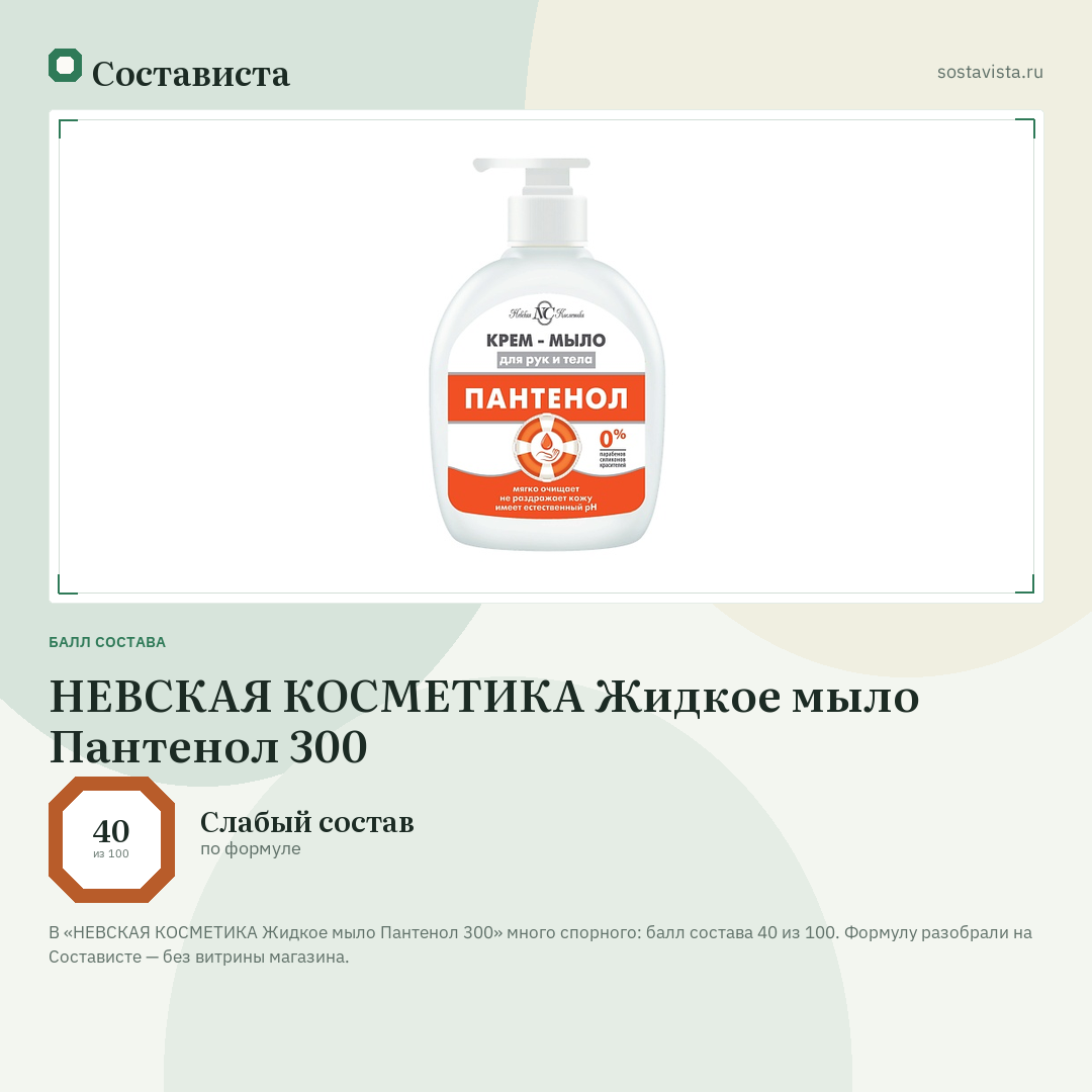 НЕВСКАЯ КОСМЕТИКА Жидкое мыло Пантенол 300: балл состава 40 из 100 — Состависта