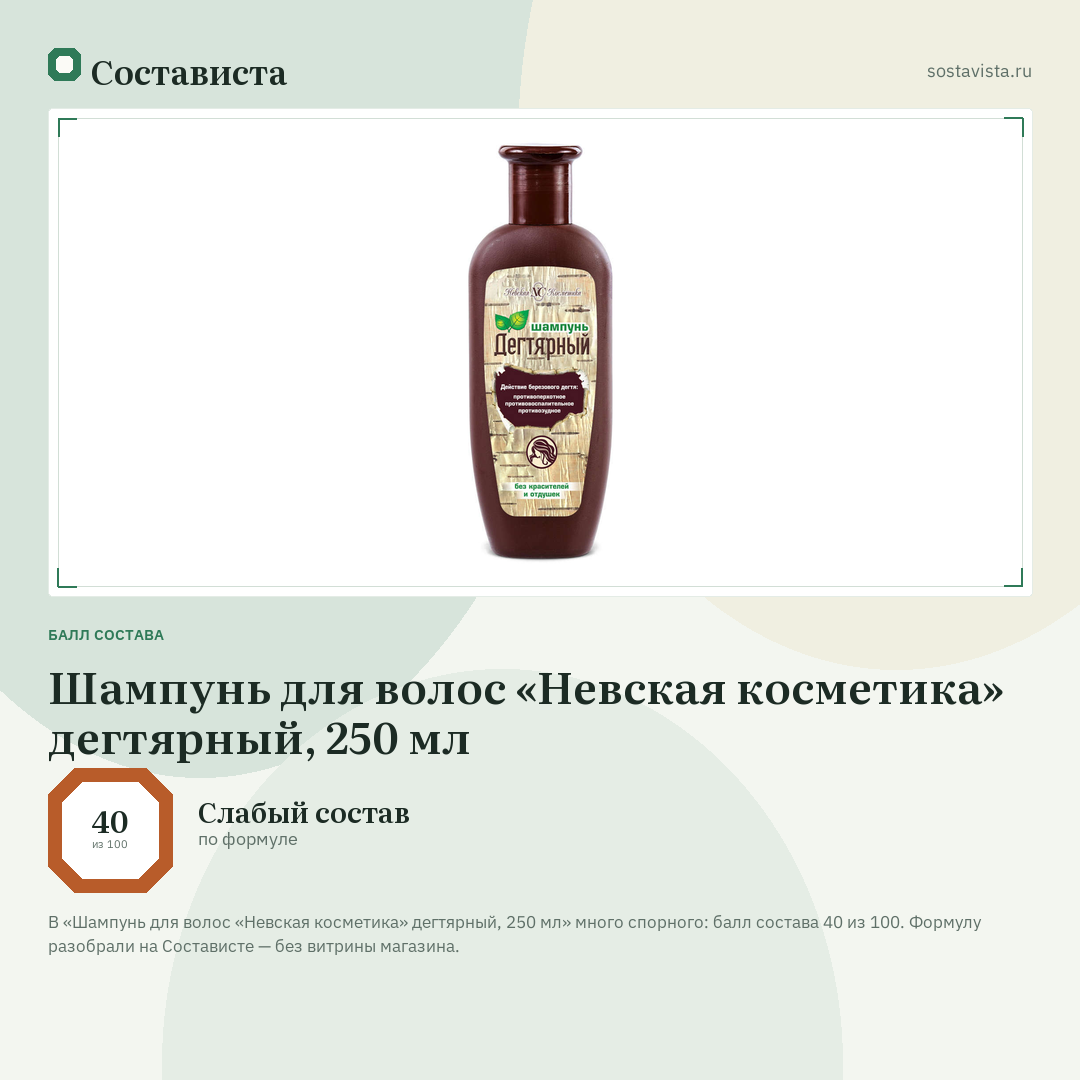 Шампунь для волос «Невская косметика» дегтярный, 250 мл: балл состава 40 из 100 — Состависта