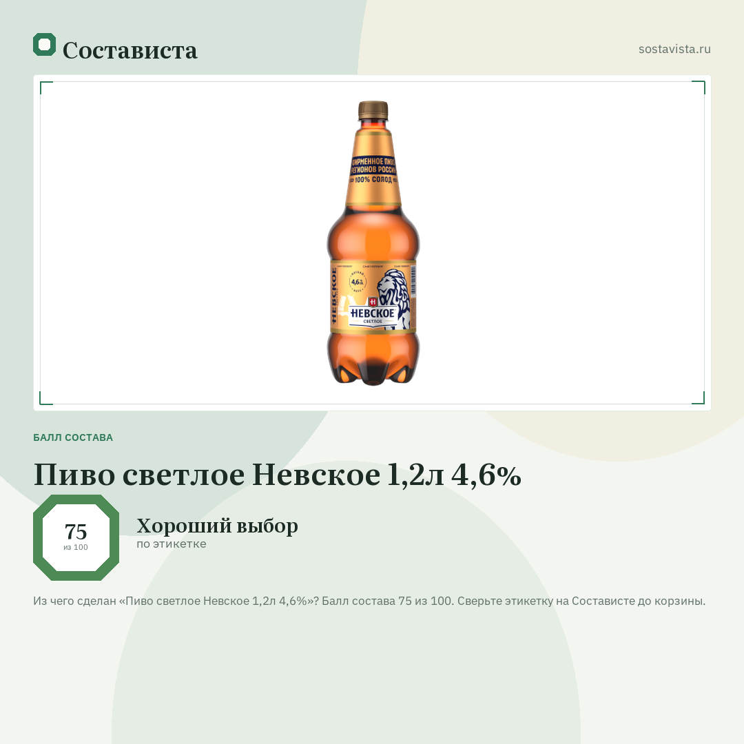 Пиво светлое Невское 1,2л 4,6%: балл состава 75 из 100 — Состависта