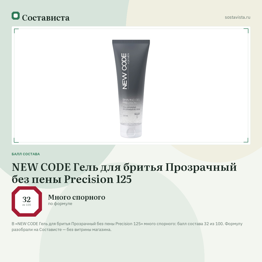 NEW CODE Гель для бритья Прозрачный без пены Precision 125: балл состава 32 из 100 — Состависта