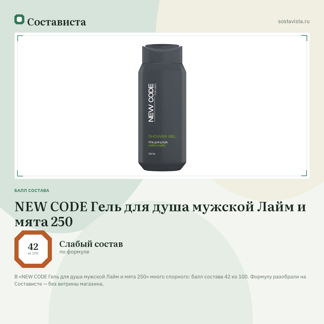 NEW CODE Гель для душа мужской Лайм и мята 250: балл состава 42 из 100 — Состависта