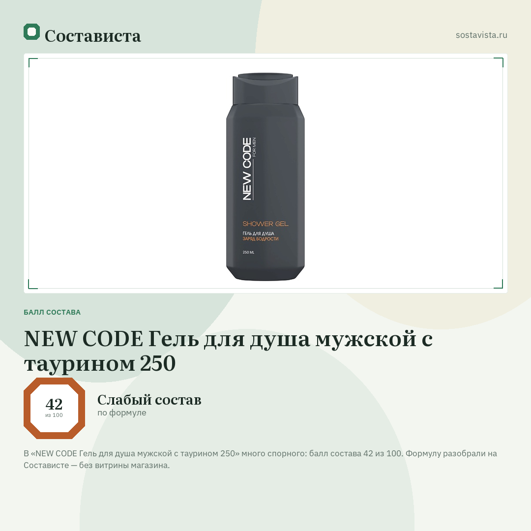 NEW CODE Гель для душа мужской с таурином 250: балл состава 42 из 100 — Состависта