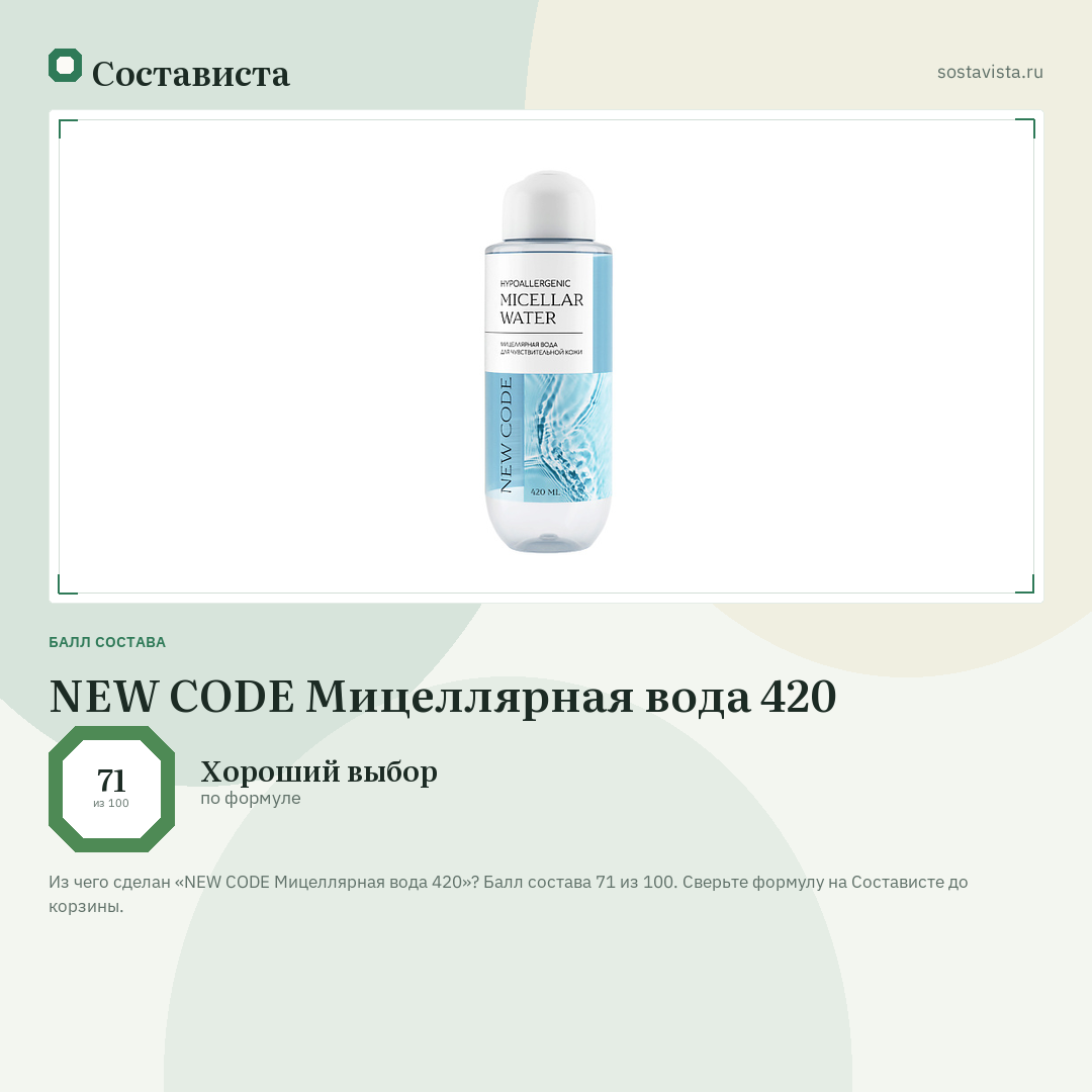 NEW CODE Мицеллярная вода 420: балл состава 71 из 100 — Состависта