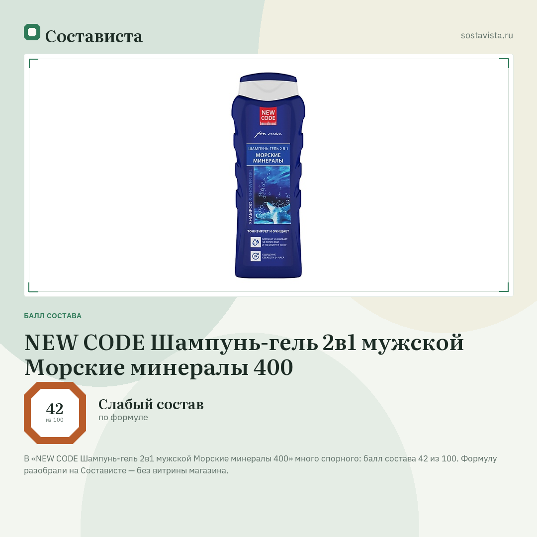 NEW CODE Шампунь-гель 2в1 мужской Морские минералы 400: балл состава 42 из 100 — Состависта