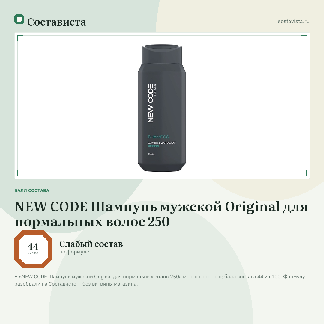 NEW CODE Шампунь мужской Original для нормальных волос 250: балл состава 44 из 100 — Состависта