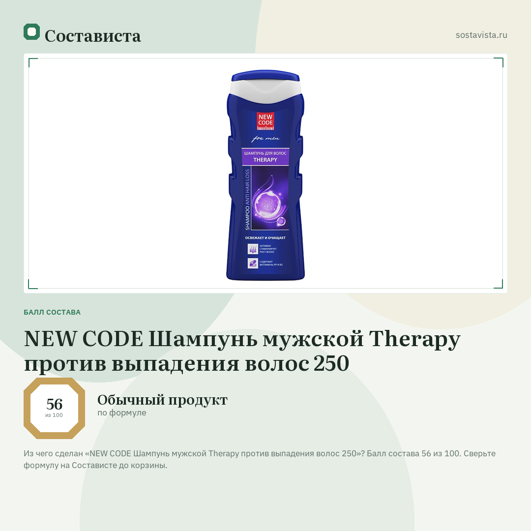 NEW CODE Шампунь мужской Therapy против выпадения волос 250: балл состава 56 из 100 — Состависта