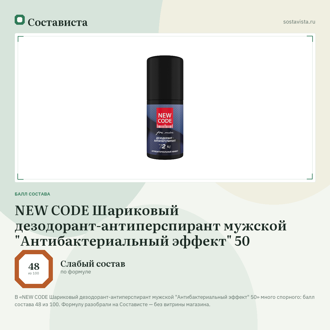 NEW CODE Шариковый дезодорант-антиперспирант мужской "Антибактериальный эффект" 50: балл состава 48 из 100 — Состависта