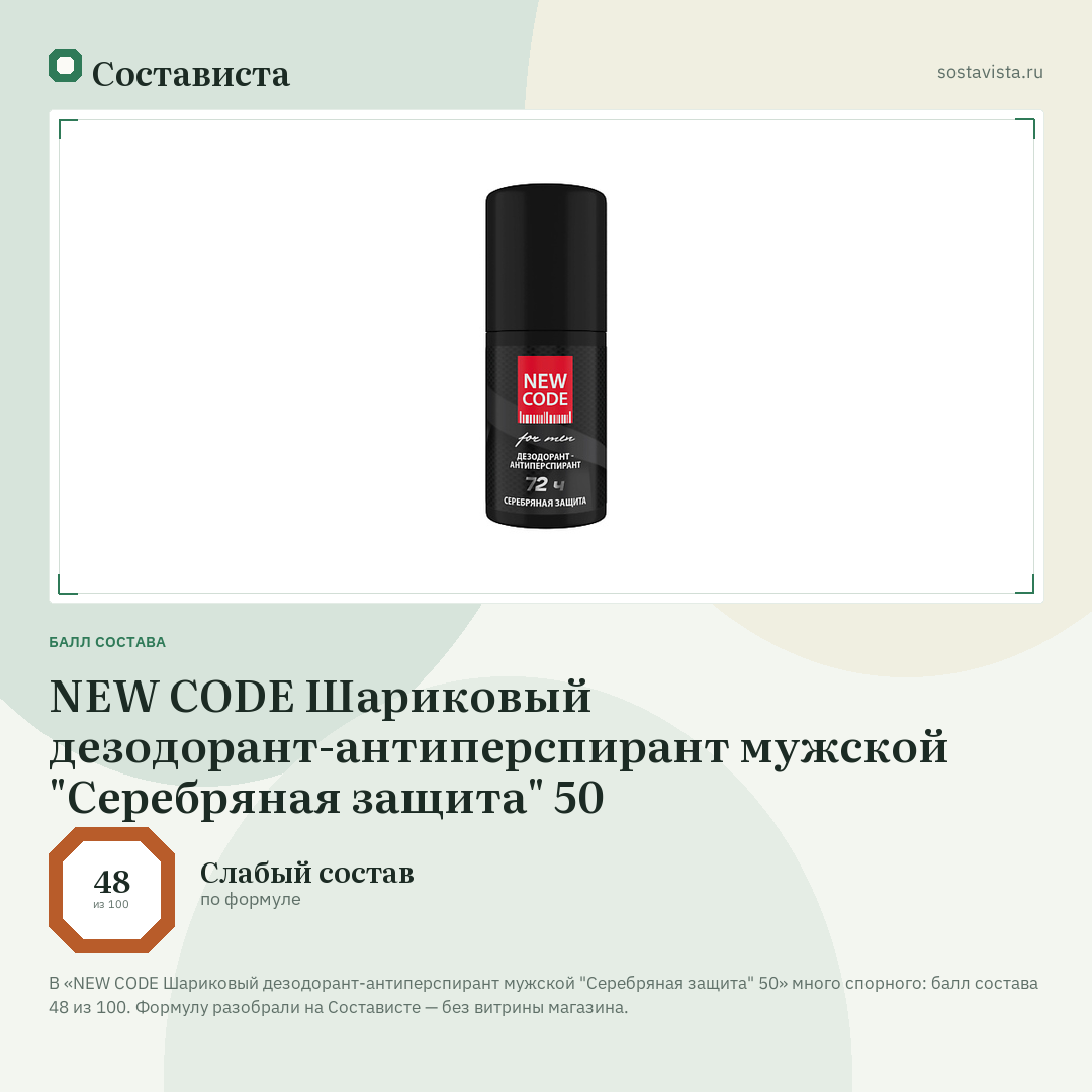 NEW CODE Шариковый дезодорант-антиперспирант мужской "Серебряная защита" 50: балл состава 48 из 100 — Состависта