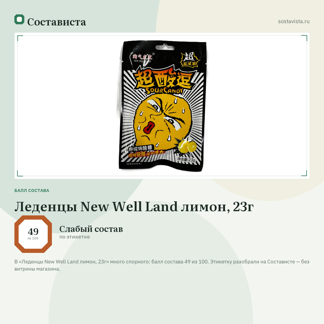 Леденцы New Well Land лимон, 23г: балл состава 49 из 100 — Состависта