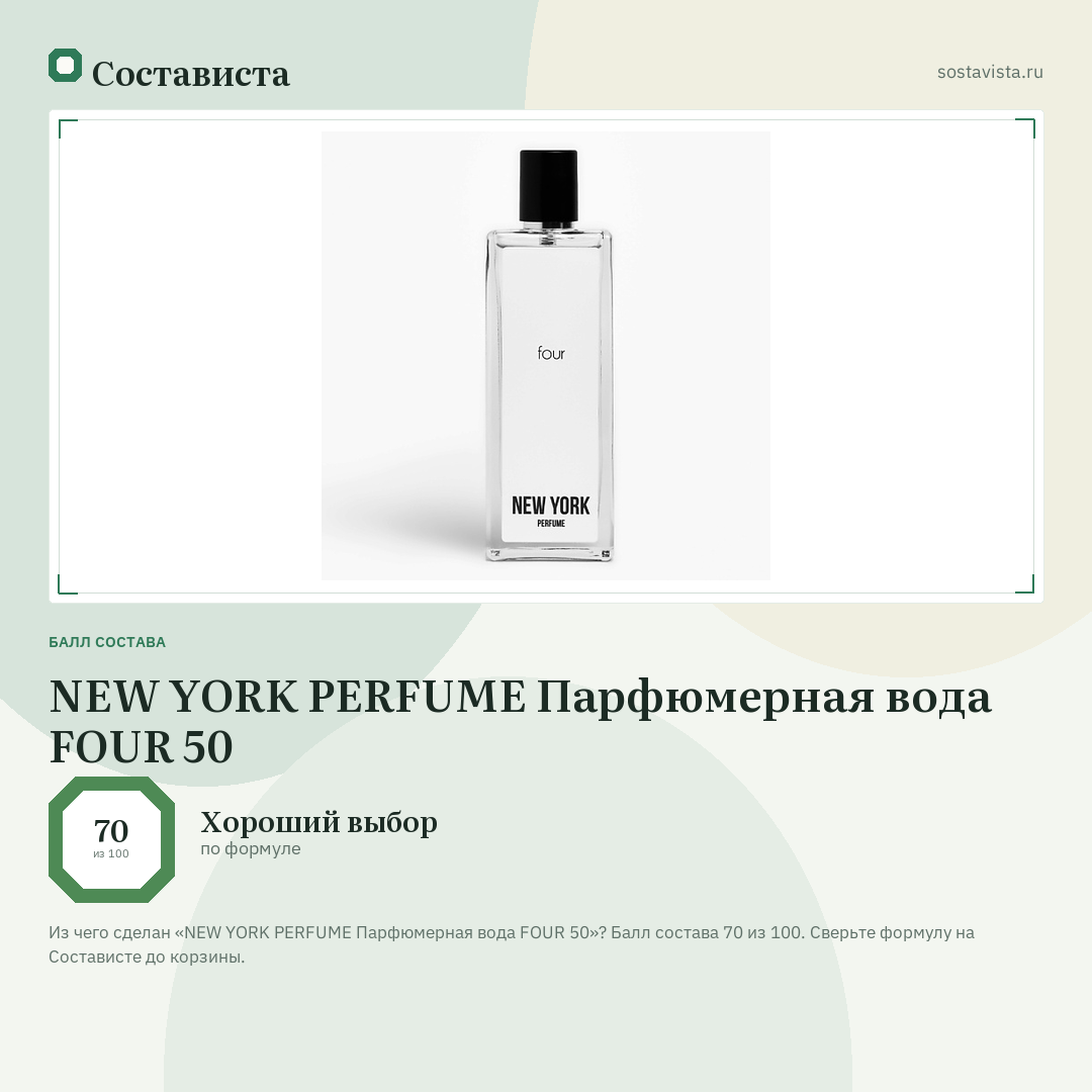 NEW YORK PERFUME Парфюмерная вода FOUR 50: балл состава 70 из 100 — Состависта