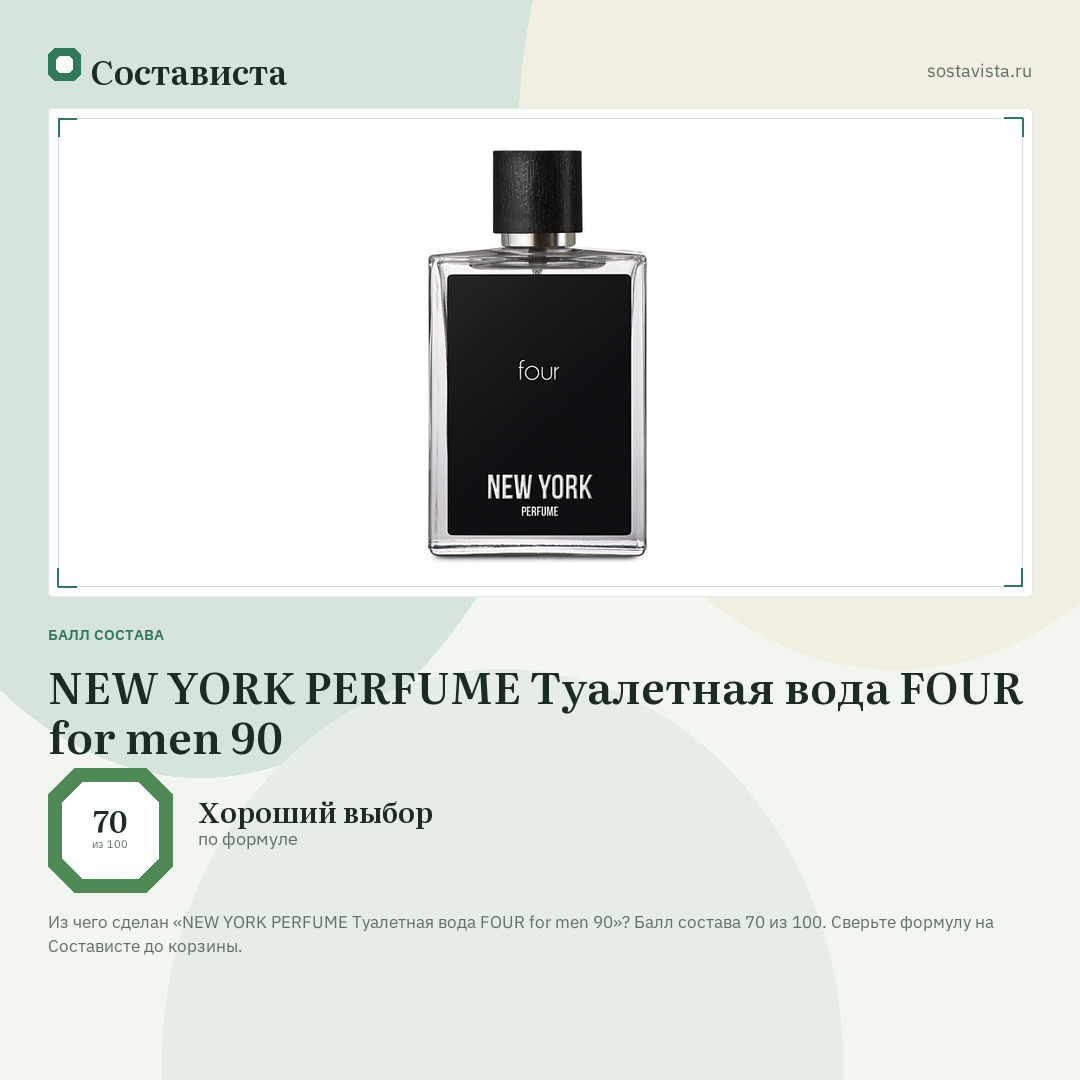 NEW YORK PERFUME Туалетная вода FOUR for men 90: балл состава 70 из 100 — Состависта