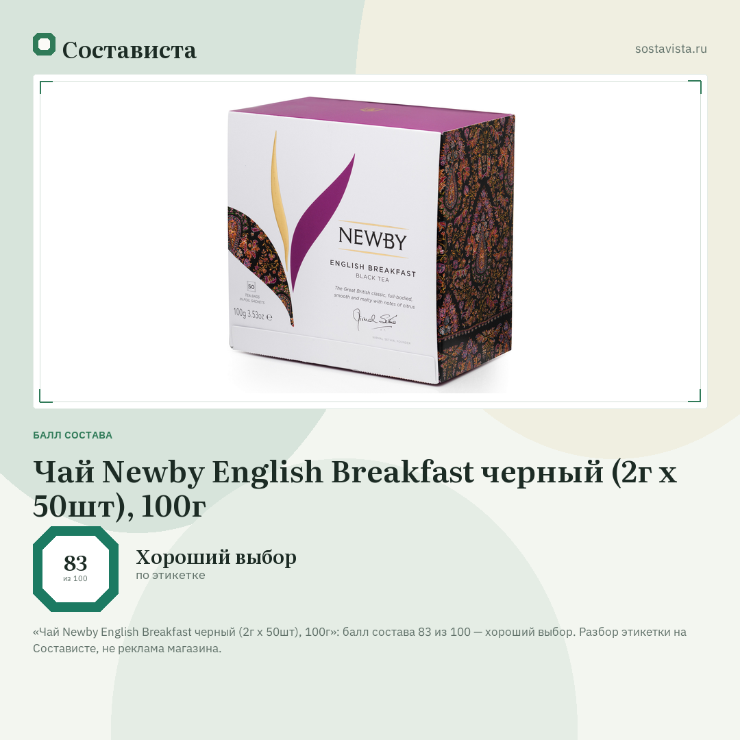 Чай Newby English Breakfast черный (2г x 50шт), 100г: балл состава 83 из 100 — Состависта