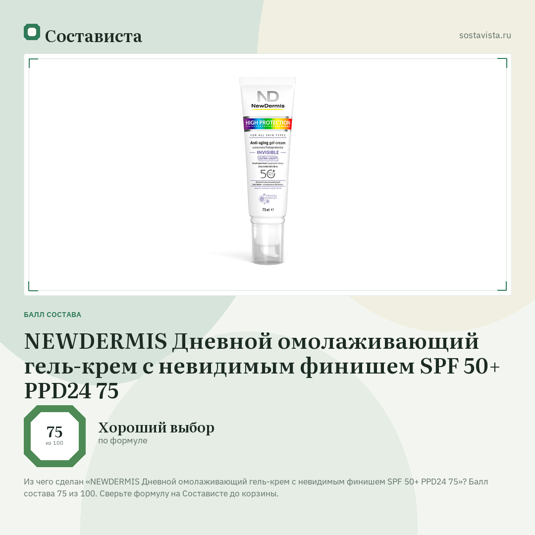 NEWDERMIS Дневной омолаживающий гель-крем с невидимым финишем SPF 50+ PPD24 75: балл состава 75 из 100 — Состависта