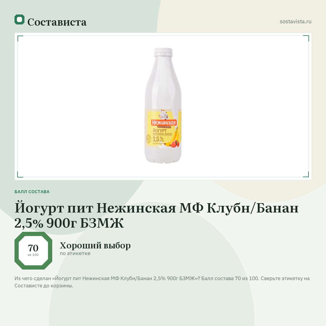 Йогурт пит Нежинская МФ Клубн/Банан 2,5% 900г БЗМЖ: балл состава 70 из 100 — Состависта