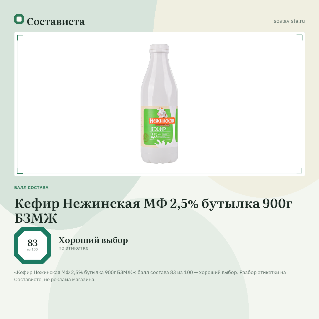 Кефир Нежинская МФ 2,5% бутылка 900г БЗМЖ: балл состава 83 из 100 — Состависта