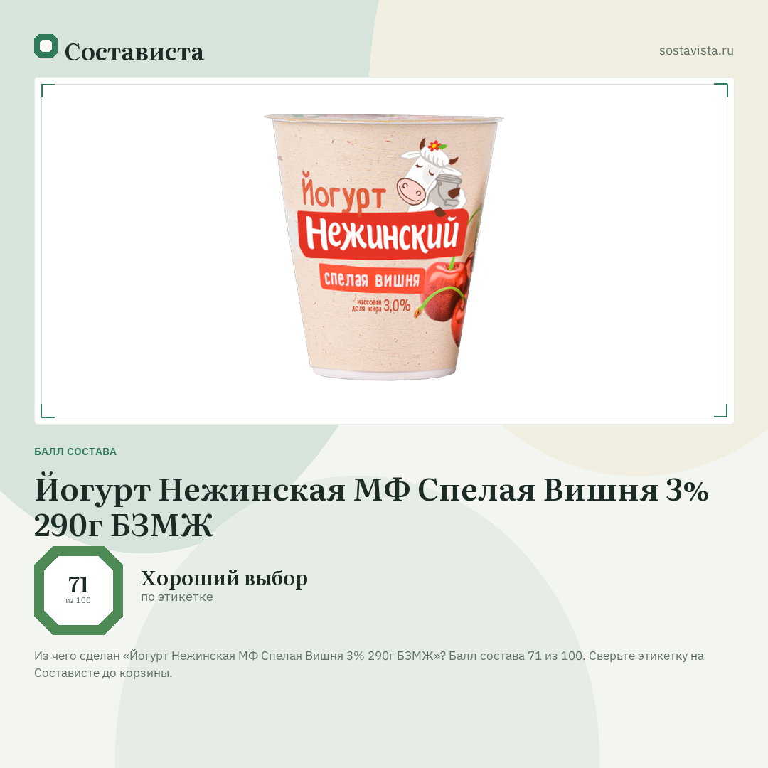 Йогурт Нежинская МФ Спелая Вишня 3% 290г БЗМЖ: балл состава 71 из 100 — Состависта