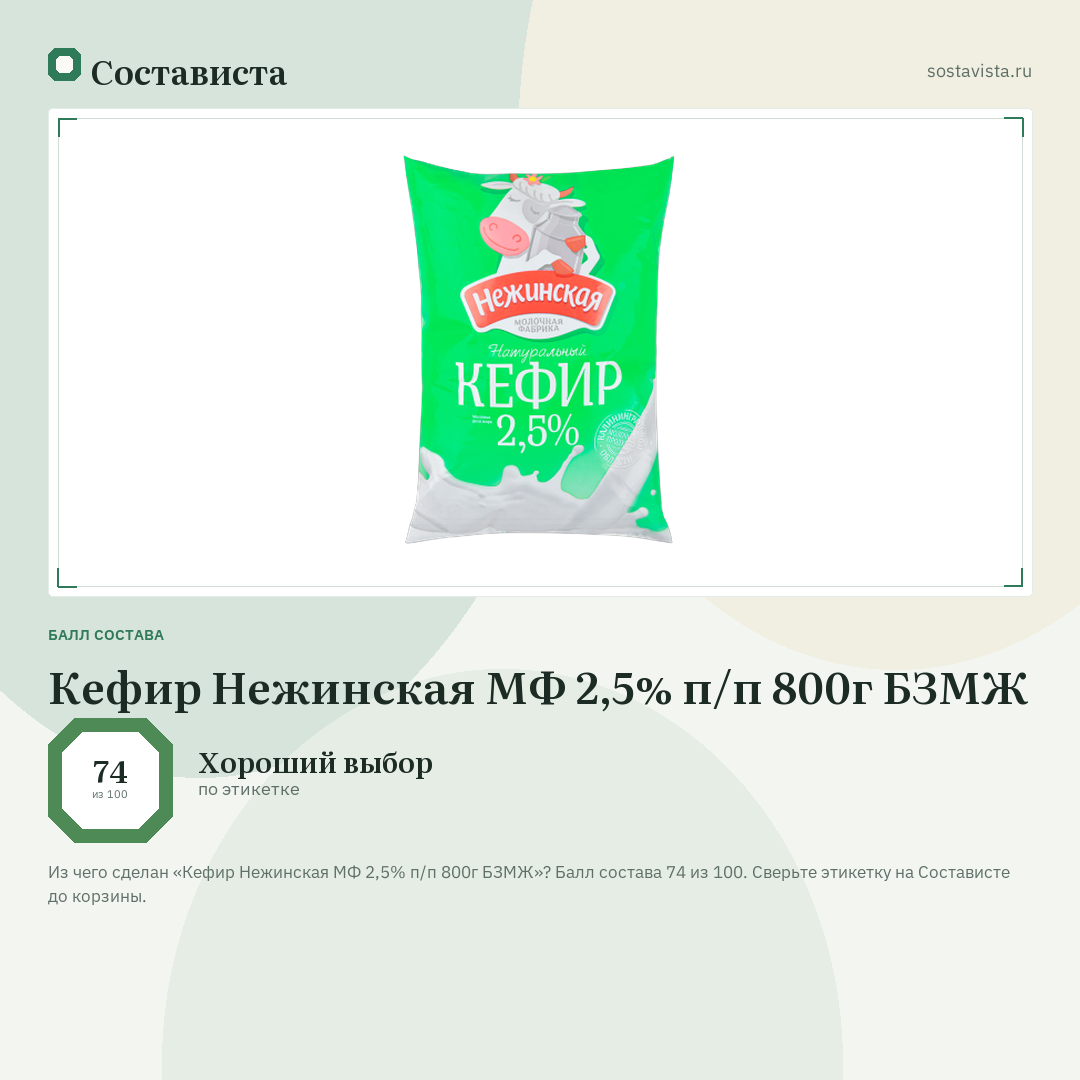 Кефир Нежинская МФ 2,5% п/п 800г БЗМЖ: балл состава 74 из 100 — Состависта