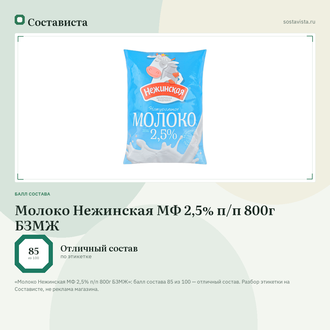 Молоко Нежинская МФ 2,5% п/п 800г БЗМЖ: балл состава 85 из 100 — Состависта