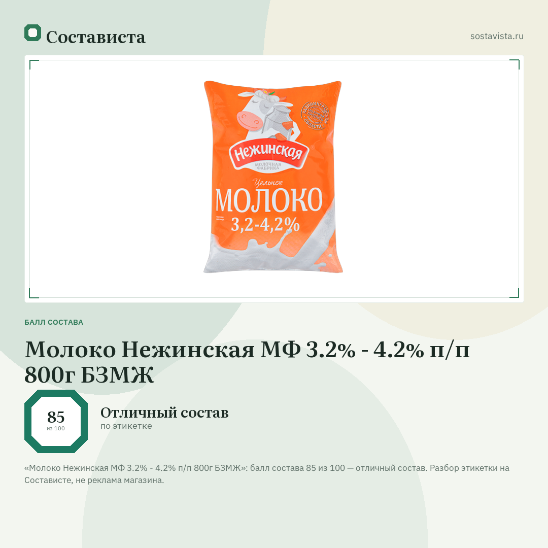 Молоко Нежинская МФ 3.2% - 4.2% п/п 800г БЗМЖ: балл состава 85 из 100 — Состависта