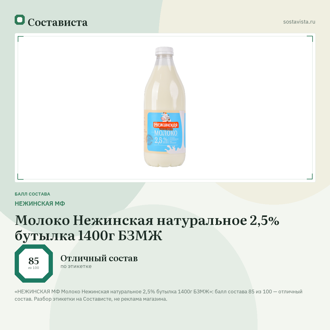 НЕЖИНСКАЯ МФ Молоко Нежинская натуральное 2,5% бутылка 1400г БЗМЖ: балл состава 85 из 100 — Состависта