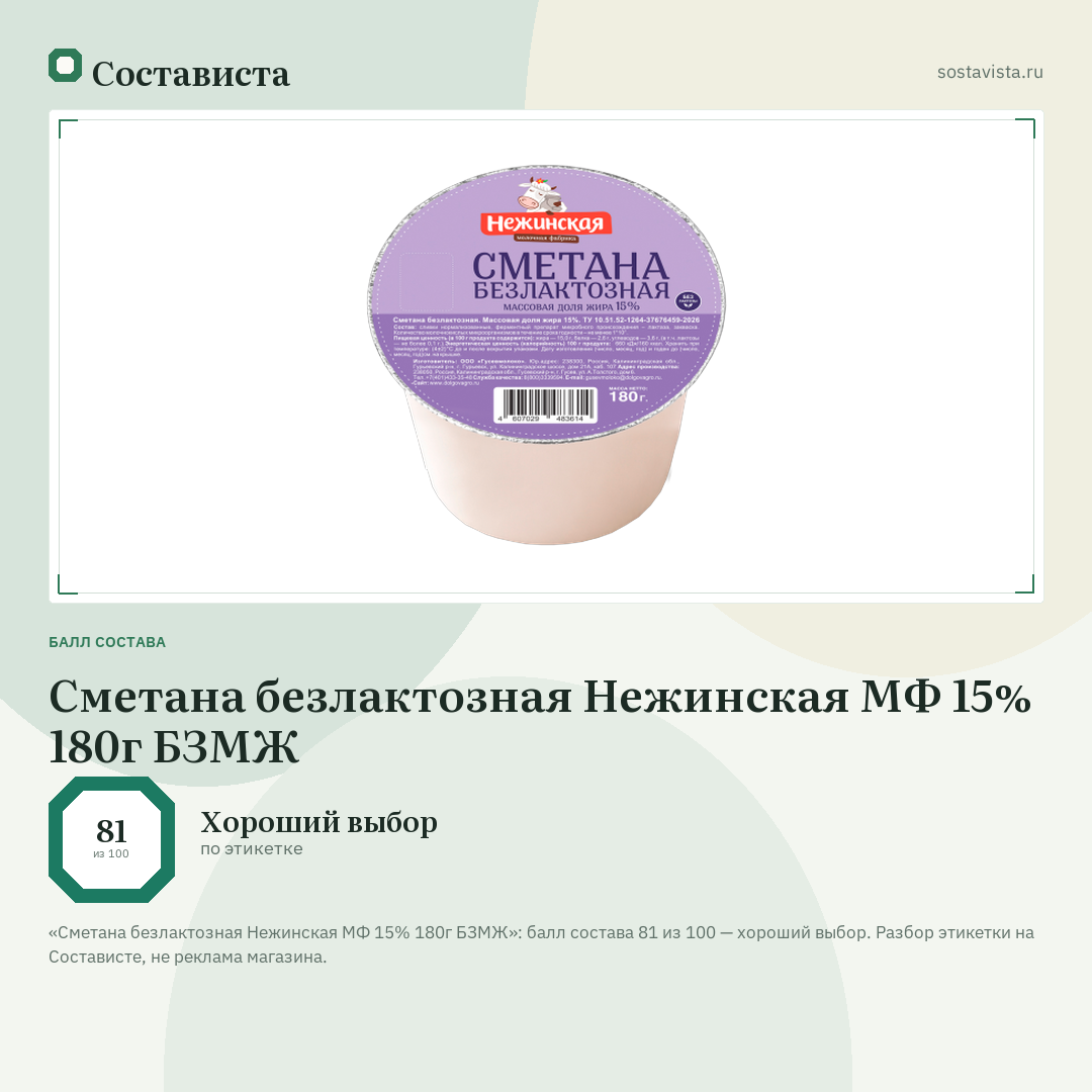 Сметана безлактозная Нежинская МФ 15% 180г БЗМЖ: балл состава 81 из 100 — Состависта
