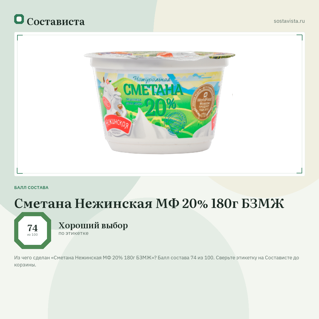 Сметана Нежинская МФ 20% 180г БЗМЖ: балл состава 74 из 100 — Состависта