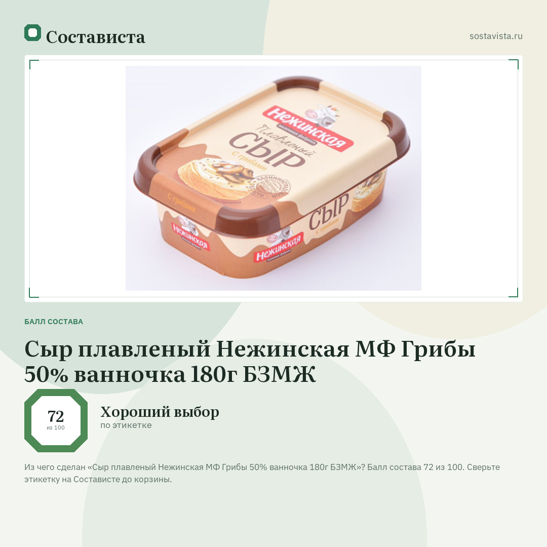 Сыр плавленый Нежинская МФ Грибы 50% ванночка 180г БЗМЖ: балл состава 72 из 100 — Состависта