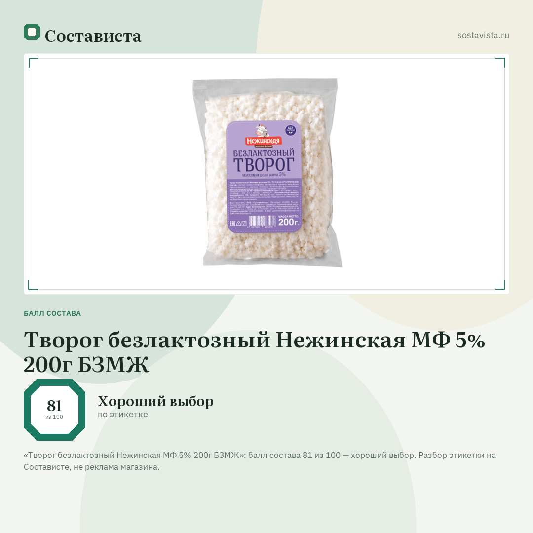 Творог безлактозный Нежинская МФ 5% 200г БЗМЖ: балл состава 81 из 100 — Состависта