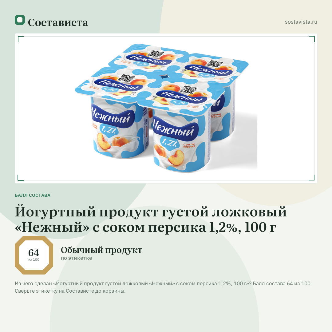 Йогуртный продукт густой ложковый «Нежный» с соком персика 1,2%, 100 г: балл состава 64 из 100 — Состависта