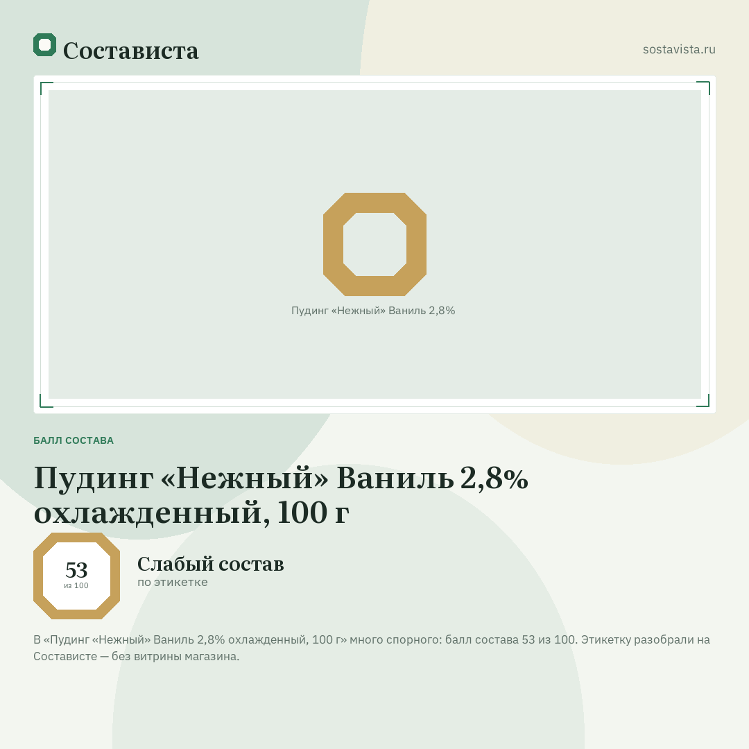 Пудинг «Нежный» Ваниль 2,8% охлажденный, 100 г: балл состава 53 из 100 — Состависта